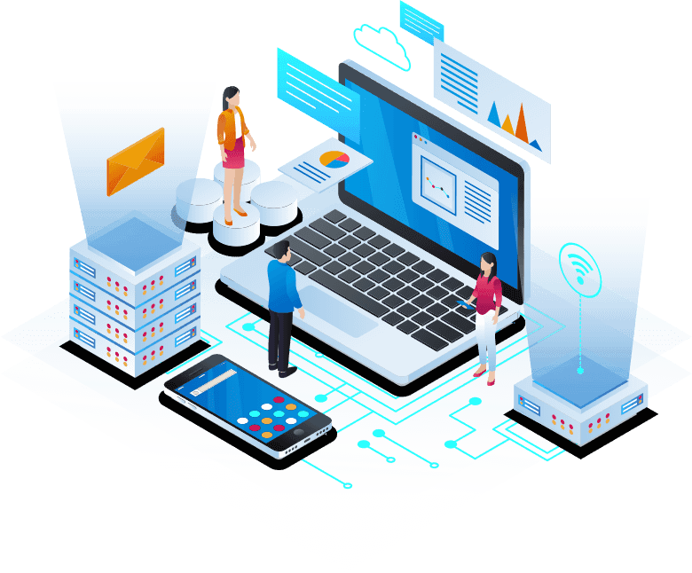 An illustration depicting a digital workspace with a laptop, servers, smartphone, and people, representing technology, cloud computing, and data connectivity.